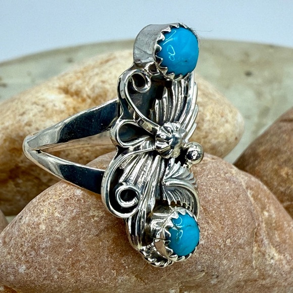 Native American Sterling Silver Double Turquoise Leaf & Flower Ring Mark Barney - Picture 5 of 14